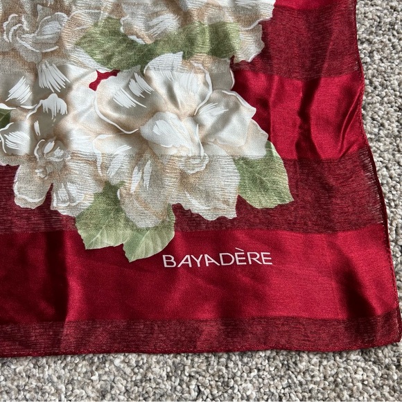 Bayadere 100% Silk Floral Red and White Scarf, 34” x 34” - Picture 2 of 7